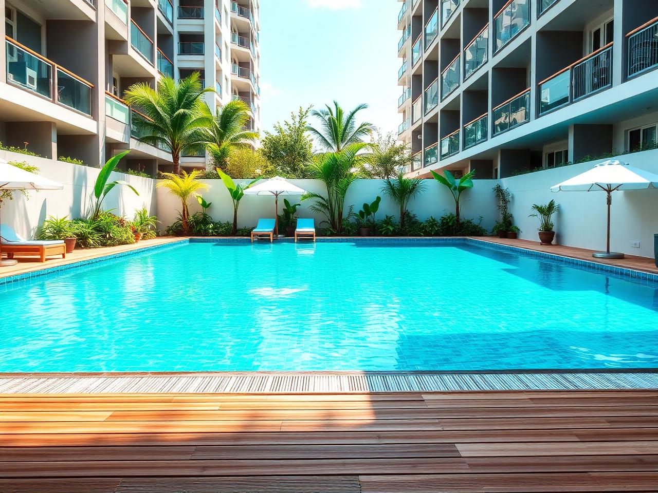 Área de lazer de condomínio com piscina e deck de madeira
